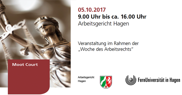 Das Arbeitsgericht Hagen richtet zusammen mit der FernUniversität in Hagen am 05.10.2017 einen Moot Court aus. An diesem Tag werden Studierende der Fernuniversität Hagen im Wettbewerb gegeneinander antreten, indem ein fiktiver Streitfall vor einer Kamme