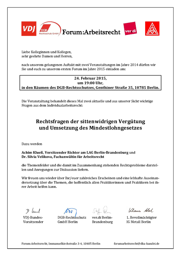 Einladung Forum Arbeitsrecht (Berlin) Rechtsfragen der sittenwidrigen Vergütung und Umsetzung des Mindestlohngesetzes